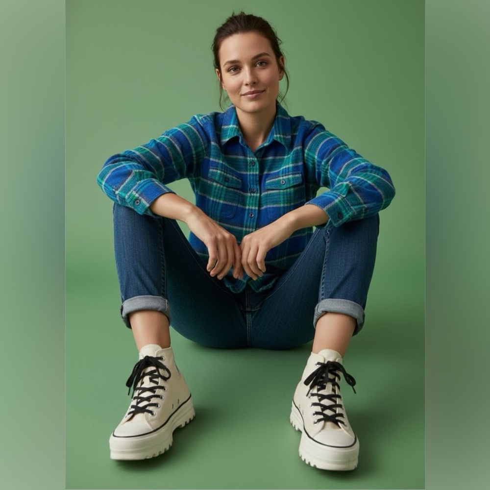 Patagonia‎ Organic Cotton Shirt Women’s 2 Blue Green Plaid Button Down Pockets